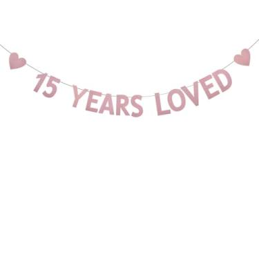 Imagem de WEIANDBO 15 YEARS LOVED Placa de papel ouro rosa para meninos/meninas, artigos de festa de 15º aniversário, decoração de festa de aniversário de 15 anos, ouro rosa