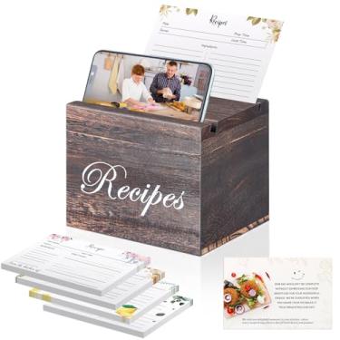 Imagem de BELO VALE Caixa de receitas, organizador de receitas de madeira com 61 cartões de receita, caixa rústica para chá de panela de inauguração de casa, casamento, ótimo presente para mulheres