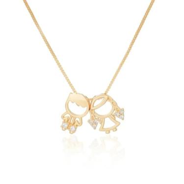 Imagem de Colar com 01 Pingente Menino e 01 Menina Banhado a Ouro 18k