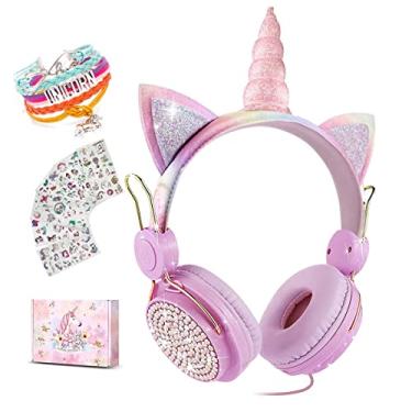 Imagem de Fones de ouvido infantis unicórnio para meninas, crianças, adolescentes, orelhas de gato fofo com fio com microfone 3,5 mm, fone de ouvido sobre a orelha para presente de aniversário escolar, Natal, unicórnio (rosa princesa)