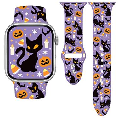 Imagem de Vieeki Pulseira de relógio com rosto sorridente de abóbora de Halloween compatível com Apple Watch de 38 mm, 40 mm, 41 mm, 42 mm, 44 mm, 45 mm, para mulheres e homens, gatos pretos de silicone macio