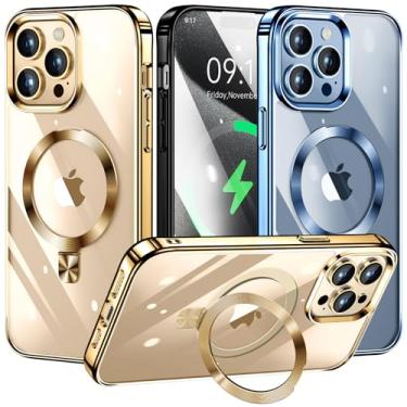 Imagem de TLIKEMISS [Anel de CD compatível com suporte invisível MagSafe] Capa magnética para iPhone 15 Pro, [amortecedor galvanizado sem amarelo][parece um iPhone nu] Capa fina transparente com suporte para