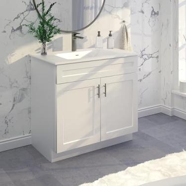 Imagem de Base de pia de banheiro pronto para montar armário de banheiro 61 cm/30'/91.4 cm (base de penteadeira em branco Shaker, 91.4 cm)