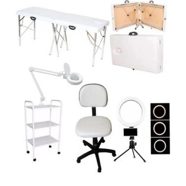 Imagem de Kit Estética Maca Maleta Portátil Carrinho Lupa Mocho E Luminária Ring