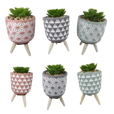 Imagem de Kit 4 Suculenta Artificial Vasinho Pé Vaso Cimento Colorido - Coisaria