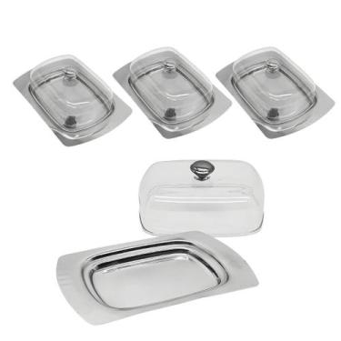 Imagem de Kit 4 Manteigueira Porta Manteiga Aço Inox Com Tampa Acrílica Retangul