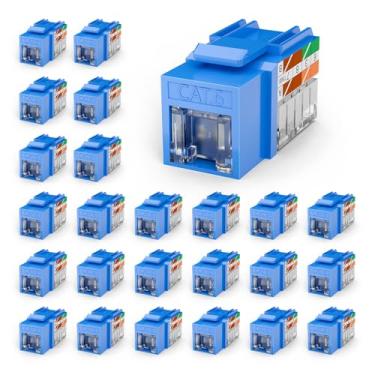 Imagem de VCELINK Conectores Keystone RJ45 Cat6 com capa contra poeira, pacote com 25 unidades, conectores modulares Ethernet perfurados de 90 graus, adaptador de tomada Keystone UTP, azul