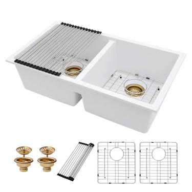 Imagem de Pia de cozinha composta de granito 33 tigela dupla - Donsdey Pia de cozinha branca de 83 cm 50/50 tigela dupla montagem embaixo da pia de granito branco composto de quartzo sob a bancada