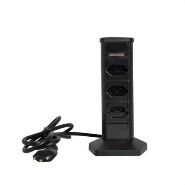 Imagem de Torre De 03 Tomadas Estação Vertical Extensão Sobrepor Bancada Cozinha Escritório Filtro de Linha 10 Amperes Bivolt (Preto)