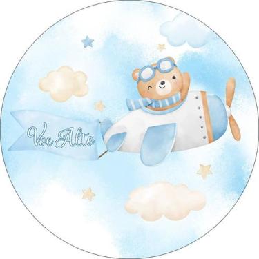 Imagem de Painel De Festa Redondo 1,50x1,50 - Ursinho Aviador Azul e Bege 077 - 