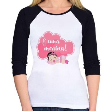 Imagem de Baby Look Raglan É uma uma menina Manga 3/4 - Foca na Moda, Branco, Pr
