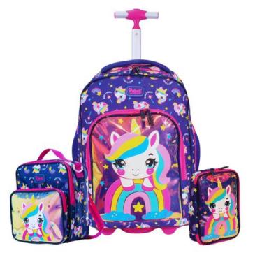 Imagem de Kit Rabisk Unicórnio Azul Mochila Rodas + Lancheira + Estojo
