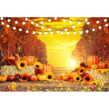 Imagem de Laeacco 1,5 x 0,9 m ao anoitecer pôr do sol outono foto pano de fundo girassóis abóbora palheiro outono floresta suprimentos para festa de Ação de Graças banner retratos de recém-nascidos aniversário