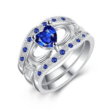 Imagem de Uloveido 3 peças anel irlandês Claddagh nó celta design eternidade simulado safira azul coração zircônia cúbica tamanho 6 7 8 9 HR314, 10, Cristal, Zircônia cúbica