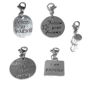 Imagem de Conjunto de 4 pingentes de encaixe, construa sua própria pulseira, bolsa, bolsa, mensagem, inspirador, chaveiro, puxador com zíper, joias, Metal