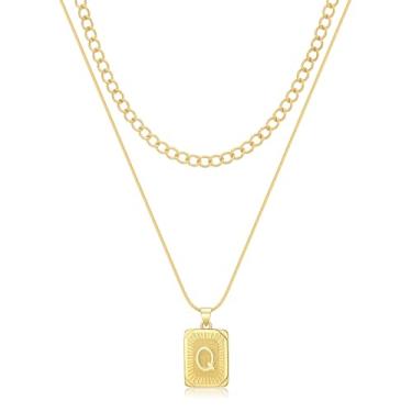 Imagem de JEMUALE Colar feminino com inicial folheada a ouro 14 K, pingente quadrado, gargantilha de ouro em camadas, joia moderna Q, Banhado a ouro, Sem Pedra Preciosa