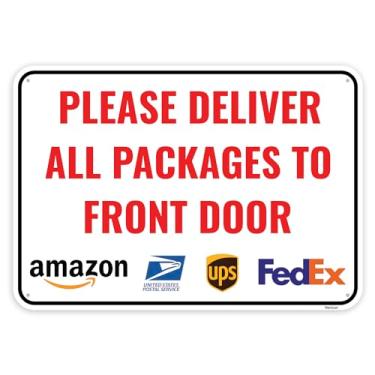Imagem de Venicor 1 placa de entrega para pacotes - por favor, entregue todos os pacotes na porta da frente, 25 x 18 cm - Alumínio - Instruções de entrega para meus pedidos de pacotes da Amazon, UPS, FedEx,