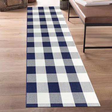 Imagem de Aoczes Tapete xadrez Buffalo 6 x 1,8 m, azul marinho e branco, tapete de algodão tecido de fazenda tapete lavável para corredor, cozinha, lavanderia, quarto, sala de estar