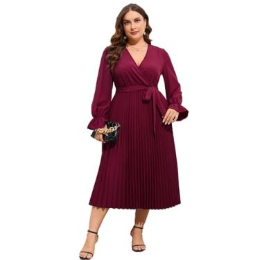 Imagem de KOJOOIN Vestido feminino plus size com decote em V, bainha plissada, elegante, evasê, vestido midi com cinto, Manga Comprida Vc Tinto Vinho Sólido, 4G