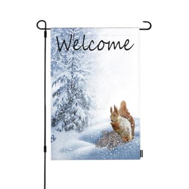Imagem de HGOD DESIGNS Bandeira de jardim de floresta de inverno, 30 x 45 cm, vertical, dupla face, esquilo, comendo nozes, árvores cobertas de neve, bandeiras externas, bandeiras, decoração externa, quintal,