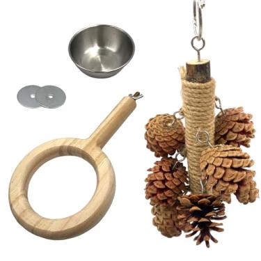 Imagem de Brinquedo de papagaio pendurado de madeira natural de 19 cm com 8 pinhas e suporte de madeira de 21 cm com tigela de aço inoxidável para periquitas, pequenos pássaros