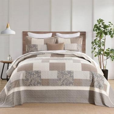 Imagem de FineStichery Colchas Queen extragrandes Farmhouse, 305 x 259 cm, 100% algodão, xadrez, extragrande, com 2 fronhas, colcha acolchoada leve e reversível, cinza/bege/marrom