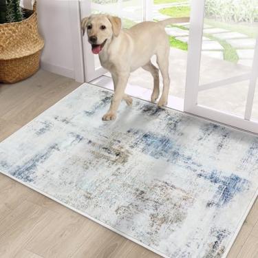Imagem de Tapete de porta, tapete de porta interno frontal de lã sintética antiderrapante tapete de entrada absorvente abstrato tapete para entrada interna corredor lavanderia, áreas de alto tráfego, 61 x 91 cm, manchado azul claro