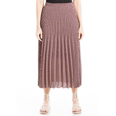 Imagem de Max Studio Saia midi plissada longa casual cintura alta elástica feminina, Escadas de diamante creme/vermelho, M
