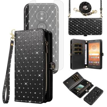 Imagem de Asuwish Capa de celular para Moto E5 Play E 5 Cruise 5E Go com zíper carteira celular com alça protetora de tela de vidro temperado com glitter flip compartimento para cartão Motorola MotoE5play