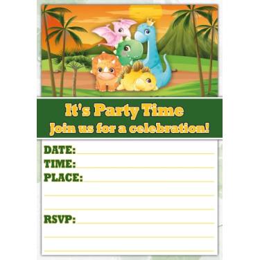 Imagem de Conjunto de 20 cartões e envelopes de convite de feliz aniversário com tema de dinossauro infantil - Leve (240 g), convites estilo cartão postal para o pacote de festa perfeito
