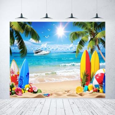 Imagem de Pano de fundo de praia de verão para fotografia, 3 x 2,4 m, flores tropicais havaianas, folhas de palmeira, flamingo, fundo de prancha de surfe, Aloha Luau, decorações de festa havaiana, banner,