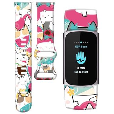 Imagem de PLKTJOSA Compatível com Charge 6/Charge 5 para mulheres e homens, pulseiras elásticas ajustáveis, pulseira esportiva respirável macia à prova d'água e rastreador de saúde (Kawaii Summer Cute Cats)