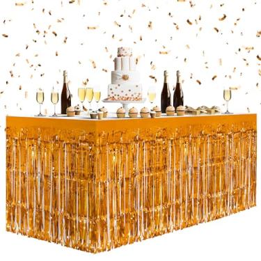 Imagem de Pacote com 2 saias de mesa laranja, 73,7 x 274,3 cm de folha metálica com franja e franjas para mesas retangulares, cortinas de flâmula, pano de fundo, decorações de festa para aniversários,