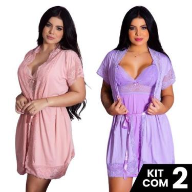 Imagem de Kit 2 Robes Roupão e 2 Camisolas Amamentação Pós Parto Liso Com Renda 