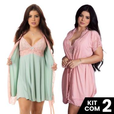 Imagem de Kit 2 Robes Roupão e 2 Camisolas Amamentação Pós Parto Liso Com Renda 