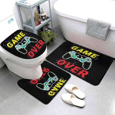 Imagem de Jbofyee Conjunto de tapetes de banheiro com tema de videogame, tapete de banho + tapete de contorno + capa de assento de vaso sanitário, tapete de microfibra macia antiderrapante para jogos, tapete de