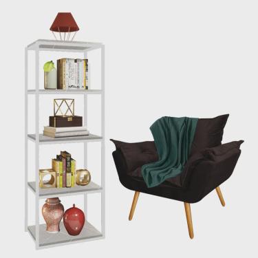 Imagem de Kit Poltrona Fatte com Manta Soft Verde e Estante Livreiro Ferro Branco mdf Marmorizado Cinza Suede Marrom - Ahz Móveis
