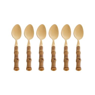Imagem de Conjunto 6 Colheres 17cm Para Chá / Café / Sobremesa Aço Inox Dourado Cabo Plástico Bambu Lyor.