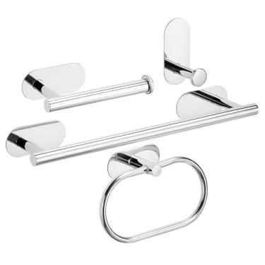 Imagem de Barra de toalha de aço inoxidável sem perfuração, suporte de papel, anel de toalha autoadesivo, gancho para roupão, acessórios de banheiro brancos, prateados e dourados, conjunto de 4 peças