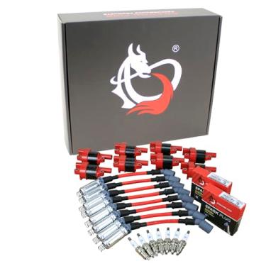 Imagem de Kit conjunto de ajuste de desempenho de fogo dragão conjunto de bobinas de ignição redondas velas de ignição irídio 10 mm fios compatíveis com Chevy 5.3L 6.0L 6.2L 7.0L V8 GM LS LSX LS1 LS2 LS3 LS6 LS7 LS7 Kit de ajuste Oem 1007