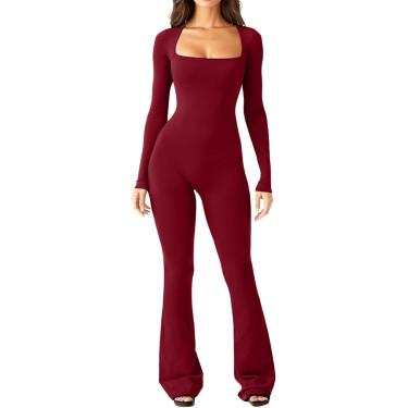 Imagem de Macacão Para Mulheres Manga Longa, Flare Macacão De Uma Peça Decote Quadrado Comprimento Total Macacão De Comprimento Total Macacão De Treino Bodycon Macacão De Treino, Wine Red, XXL