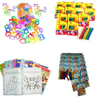 Imagem de Kit 30 cx Massinha de Modelar + 30 Giz de Cera + 30 Colorir + 30 Cortador Kit Lembrancinha Infantil