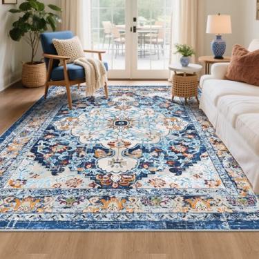 Imagem de U'Artlines Boho Vintage Tapete de área 12 x 18 cm lavável à máquina Tapete macio antiderrapante antiderrapante para sala de estar, quarto, entrada, sala de jantar, escritório, azul