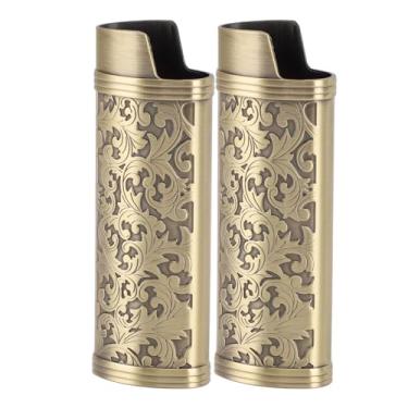 Imagem de 2 peças de estojo de isqueiro de liga de zinco vintage estampado floral clássico elegante capa de manga mais leve bolsas de isqueiro doméstico (Bronze)