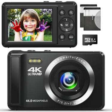 Imagem de Câmera digital 4K - Câmeras digitais pequenas com foco automático UHD de 44 MP com tela de 6 cm, zoom digital de 16 x - Câmera compacta com 2 baterias e cartão SD de 32 GB para estudantes adolescentes