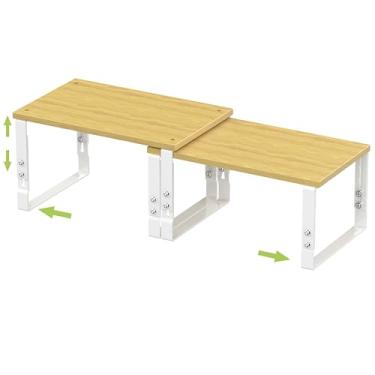 Imagem de Prateleiras de armazenamento ajustáveis para organização de armários de cozinha – Conjunto de 2 prateleiras empilháveis de metal e madeira projetada, design que economiza espaço para bancada/despensa