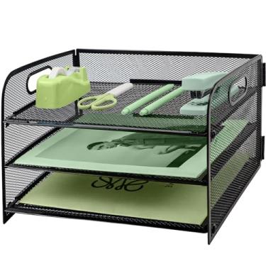 Imagem de Bandeja de papel com alça, organizador de arquivos de mesa de malha de metal de 3 camadas, bandejas de arquivo de mesa de papel A4, suporte de documentos de revista arrumado para escritório em casa