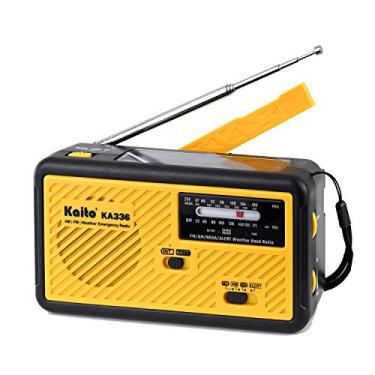 Imagem de Kaito Rádio de emergência Voyager ECO KA336 AM/FM NOAA Receptor de rádio de manivela solar alimentado por 5 vias com lanterna LED e carregador de celular USB amarelo