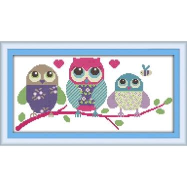 Imagem de Benway Kit de bordado de ponto cruz pré-impresso 11CT estampado, desenho animado três corujas coloridas 48 × 24 cm, 18,90" x 9,45"