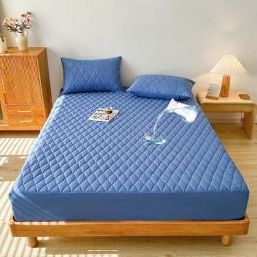 Imagem de Capa de colchão à prova d 'água acolchoada antiderrapante capa protetora de colchão de cor sólida, lavável - azul|King: 180 x 200 cm (3 peças)